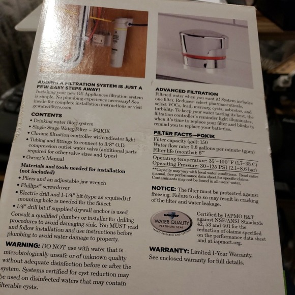 Drinking Water Filtration System GE GXK185KBL Single Stage With Controller NEW - Picture 6 of 7